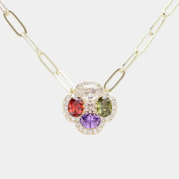 14K GP CZ Flowered Stone Pendant Paper Clip Chain - Picture 1 of 6